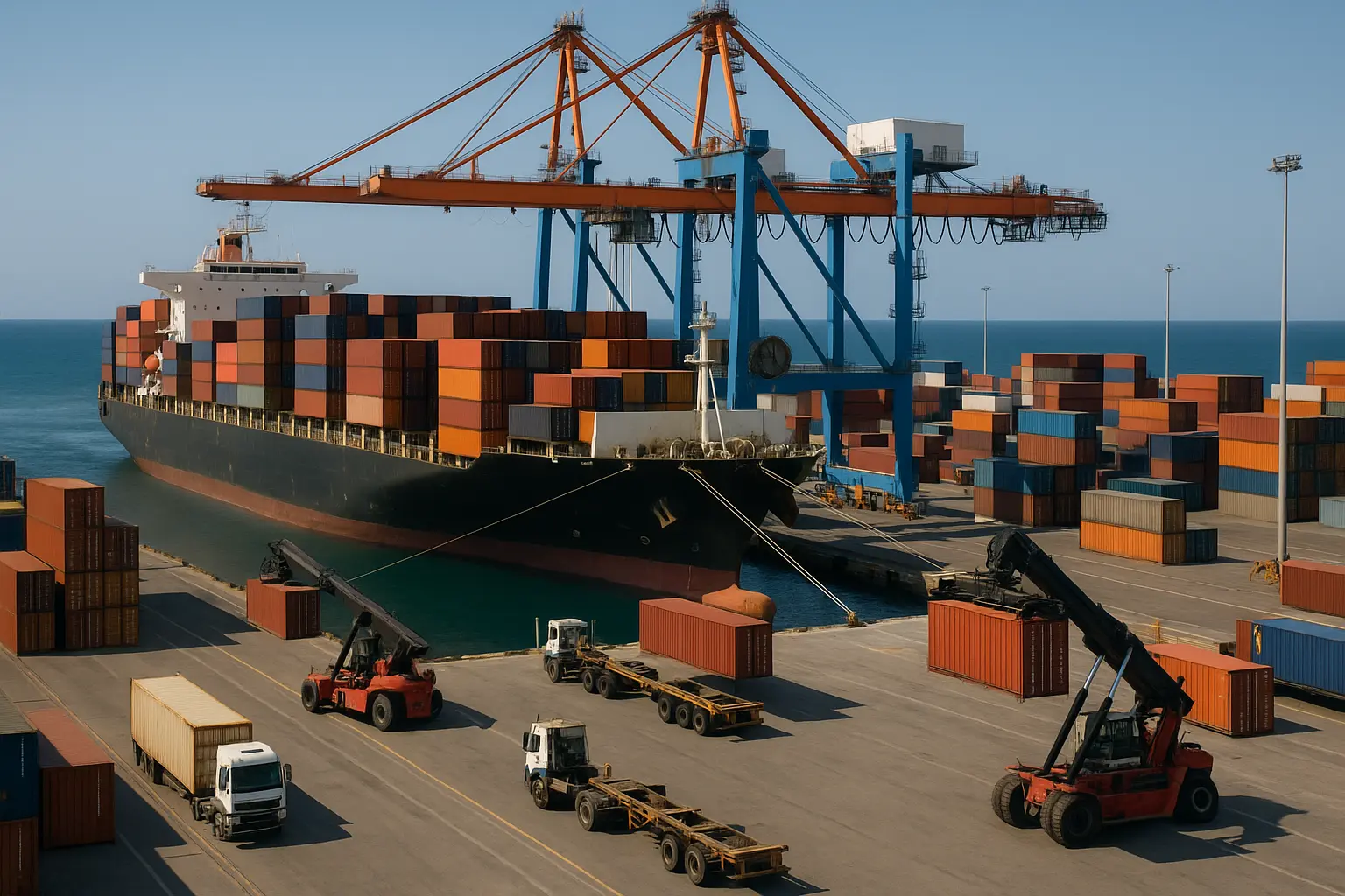 פעילות הובלת מכולות בנמל אשדוד עם אוניה עוגנת