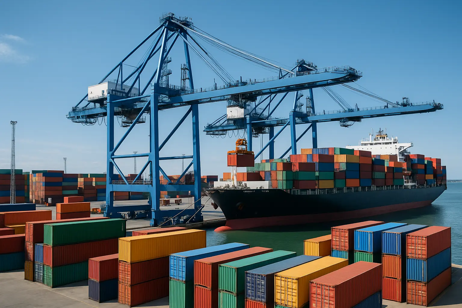 נמל מכולות בינלאומי עם עגורנים טוענים מכולות על אוניה