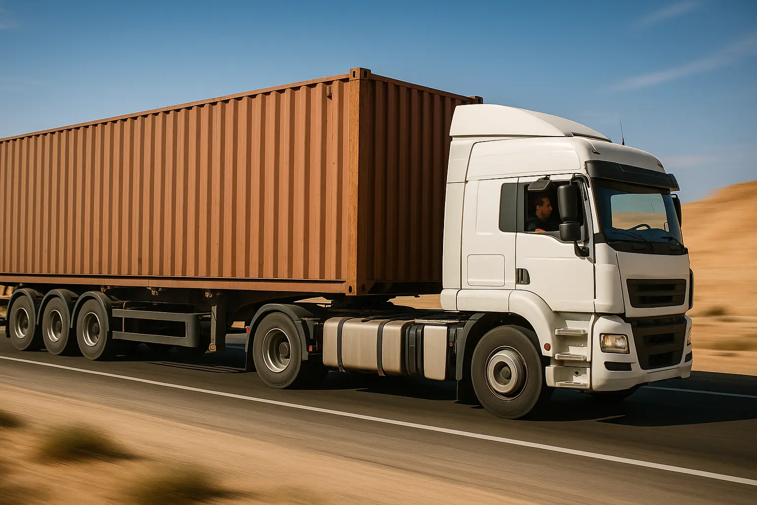 משאית מובילה מכולה 40 פוט בכביש בישראל