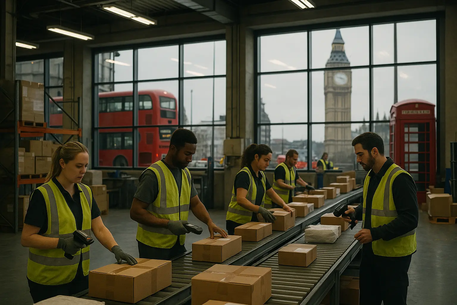 מרכז לוגיסטי בלונדון עם עובדים ממיינים חבילות לישראל