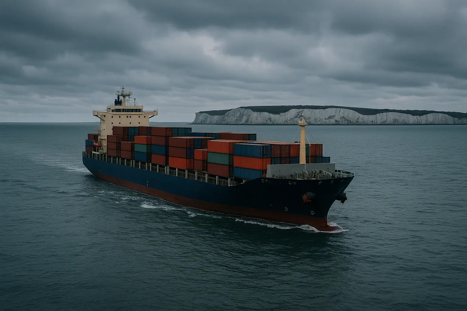 אוניית מכולות יוצאת מאנגליה לישראל עם צוקי דובר ברקע